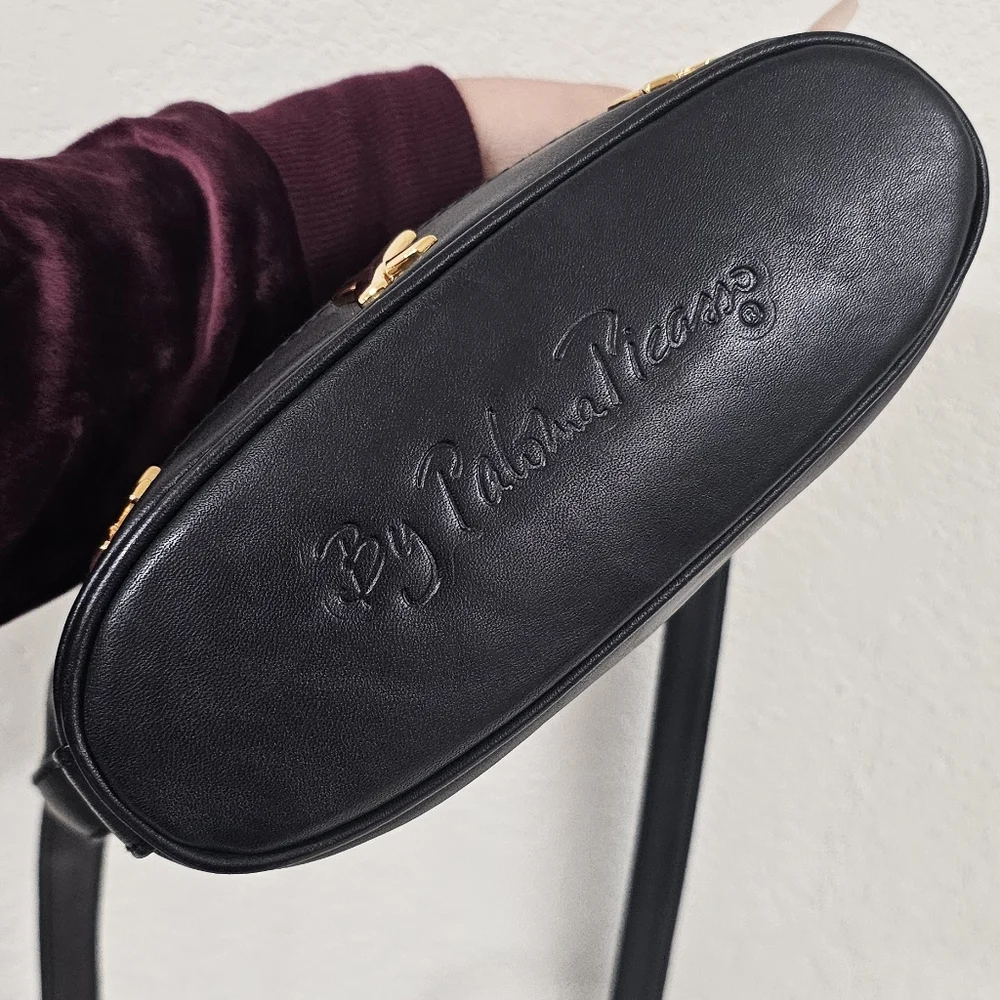 Paloma Picasso Black Genuine Leather Shoulder Bag with Gold Accents